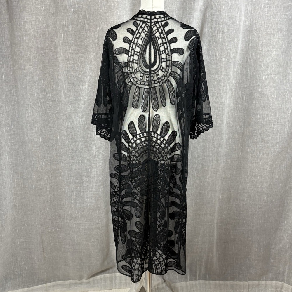 Black Sheer Lace Kimono Swim Cover Up Cardigan Boho Witchy Goth One Size